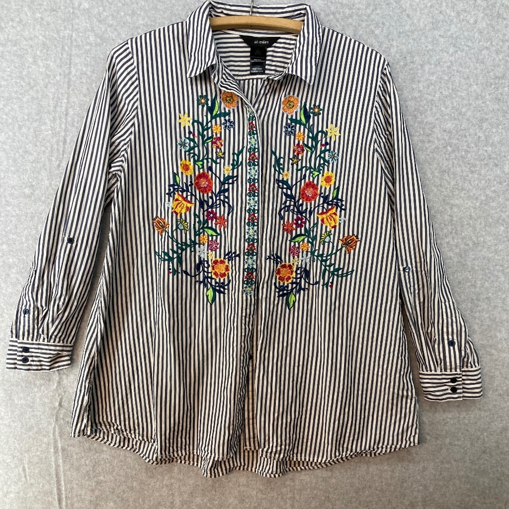 Ali Miles Large Long Sleeve Button Up Shirt Blouse Embroidered Floral Striped